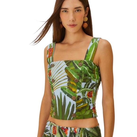 NWT Farm Rio Top Tropical Green Button-Up Crop Top Linen Viscose Blend Size XS - Picture 2 of 5